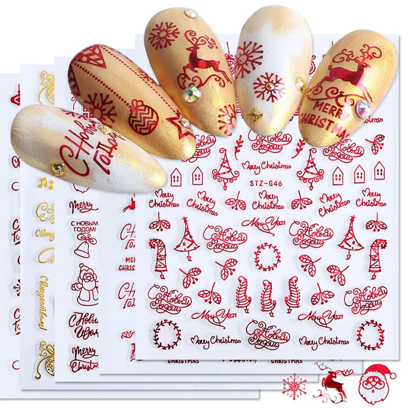 Nail Art Xmas Stickers - Christmas Nails Accesories Red Gold Winter