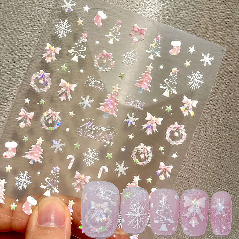 Nail Art Xmas Stickers - 1pcs Aurora Pink Christmas Tree Bow